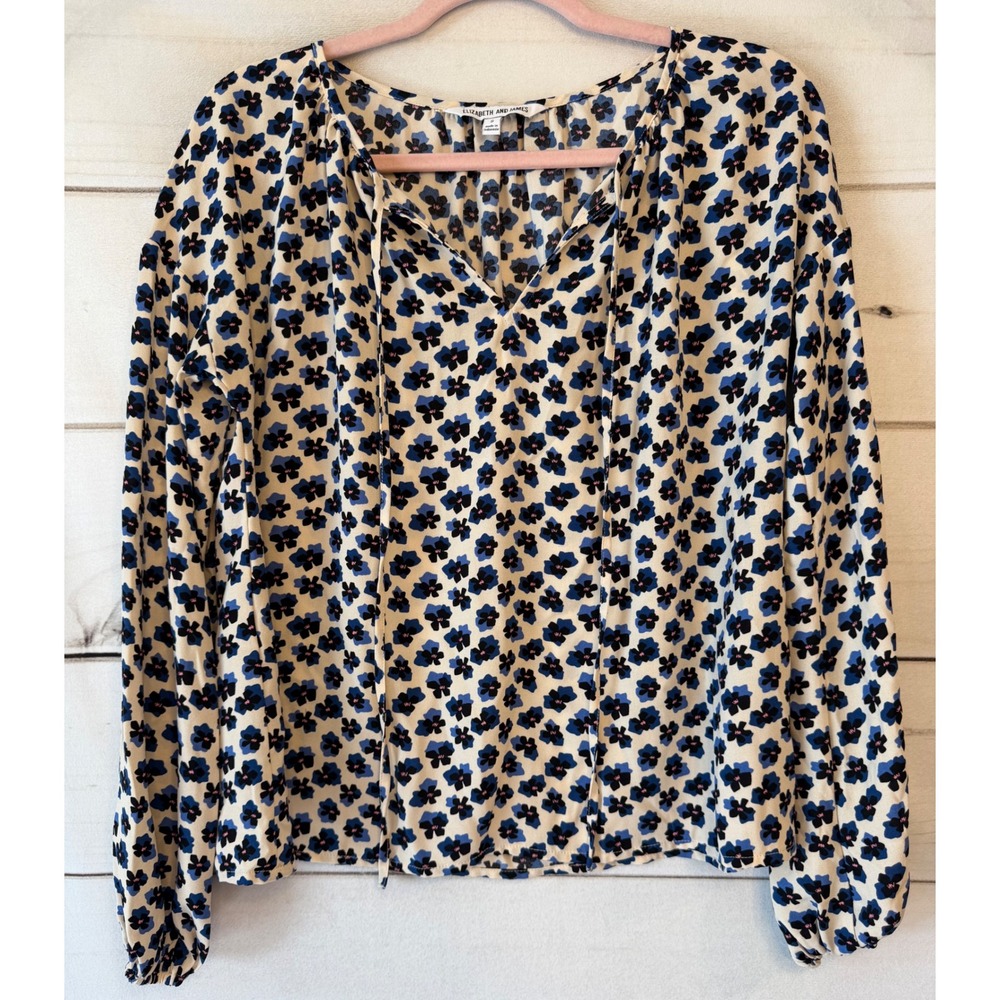 Elizabeth and James Blue Floral V-Neck Tie Blouse Long Sleeve Size S